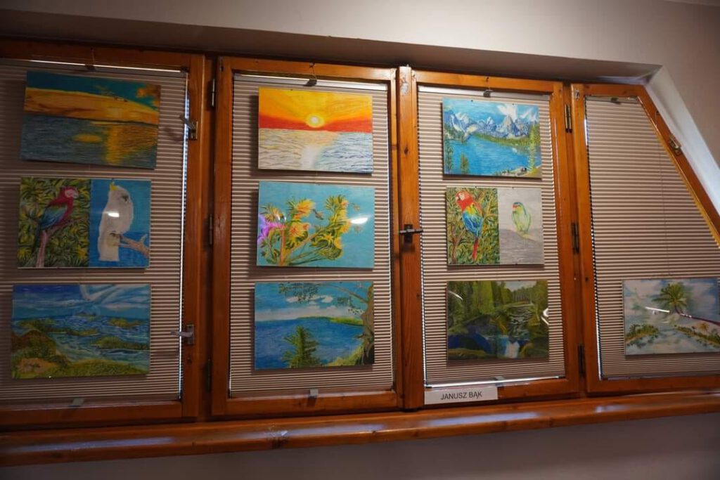Malowidła będące częścią wystawy zawieszone na oknach. Przedstawiają elementy natury: papugi, morza i jeziora.